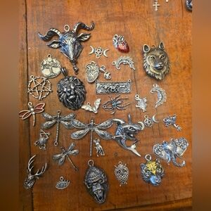 Lot Of 30 Metal Pendants & Charms Animals, Bats, Matches, Wolves Jewelry Making